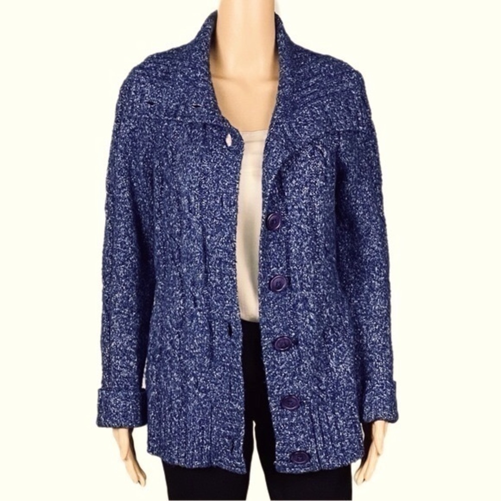 L.L. BEAN blue with white heather cable knit button cardigan sweater Medium EUC